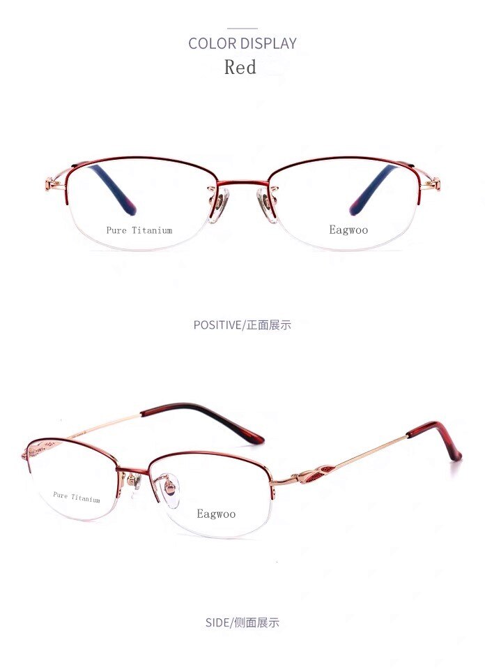Ren titanium briller kvinder briller gyldne briller halv kant brille højkvalitets receptpligtige briller: Rød