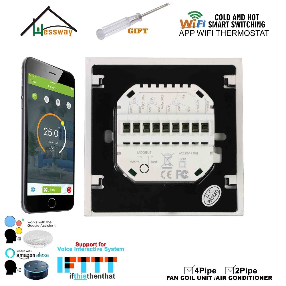HESSWAY TUYA APP Smart Fan Coil WIFI Thermostat 24VAC for 4pipe 2Pipe Heat Cool Temp