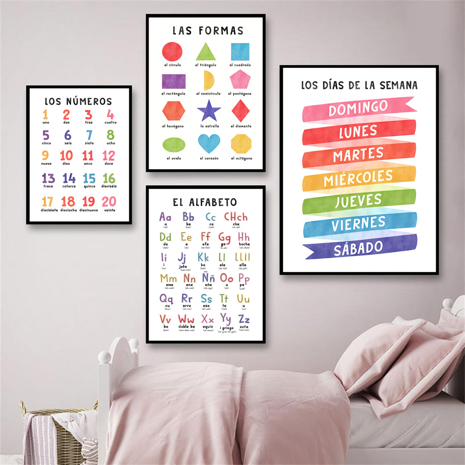 Alfabeto español educativo, números, clima, arte de pared para guardería, pintura en lienzo, carteles e impresiones, imagen para decoración de habitación de bebés y niños
