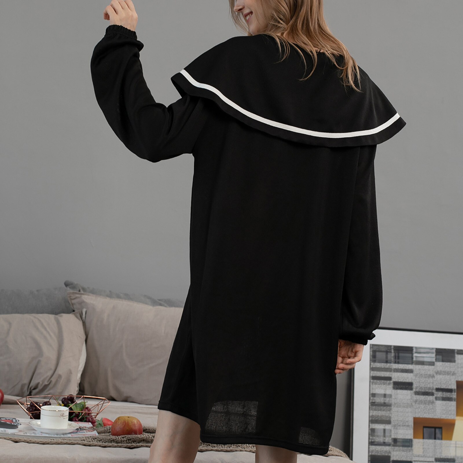 Women Sleepwear Loose Nightdress V-neck Solid Color Long-sleeved Soft Casual Homewear Nightwear mujer invierno