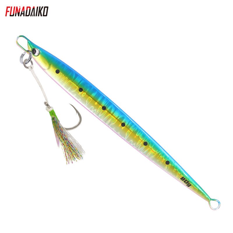 Funadaiko jigging lokke 80g 100g 135g jig agn metal jig lokke fiskeri lokke jig langsom jig fiske jig med 5x hjælpe kroge pesca: Grøn guld laser / 80g