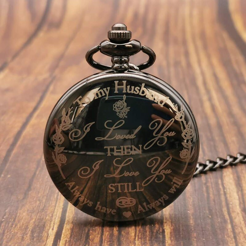 Viehättävä kvartsi taskukello kaiverrettu miehelleni sanat riipus kellot rakastajakello steampunk paras miehelle