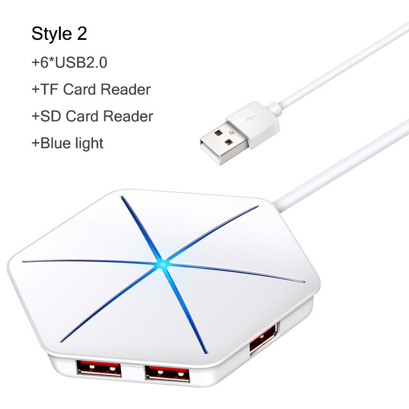 Répartiteur OTG 6 ports USB Hub, 7 modèles, avec lecteur de carte SD TF, lumière RGB Cool, USB 2.0 3.0, pour ordinateur de bureau et portable: S2 White Card Reader