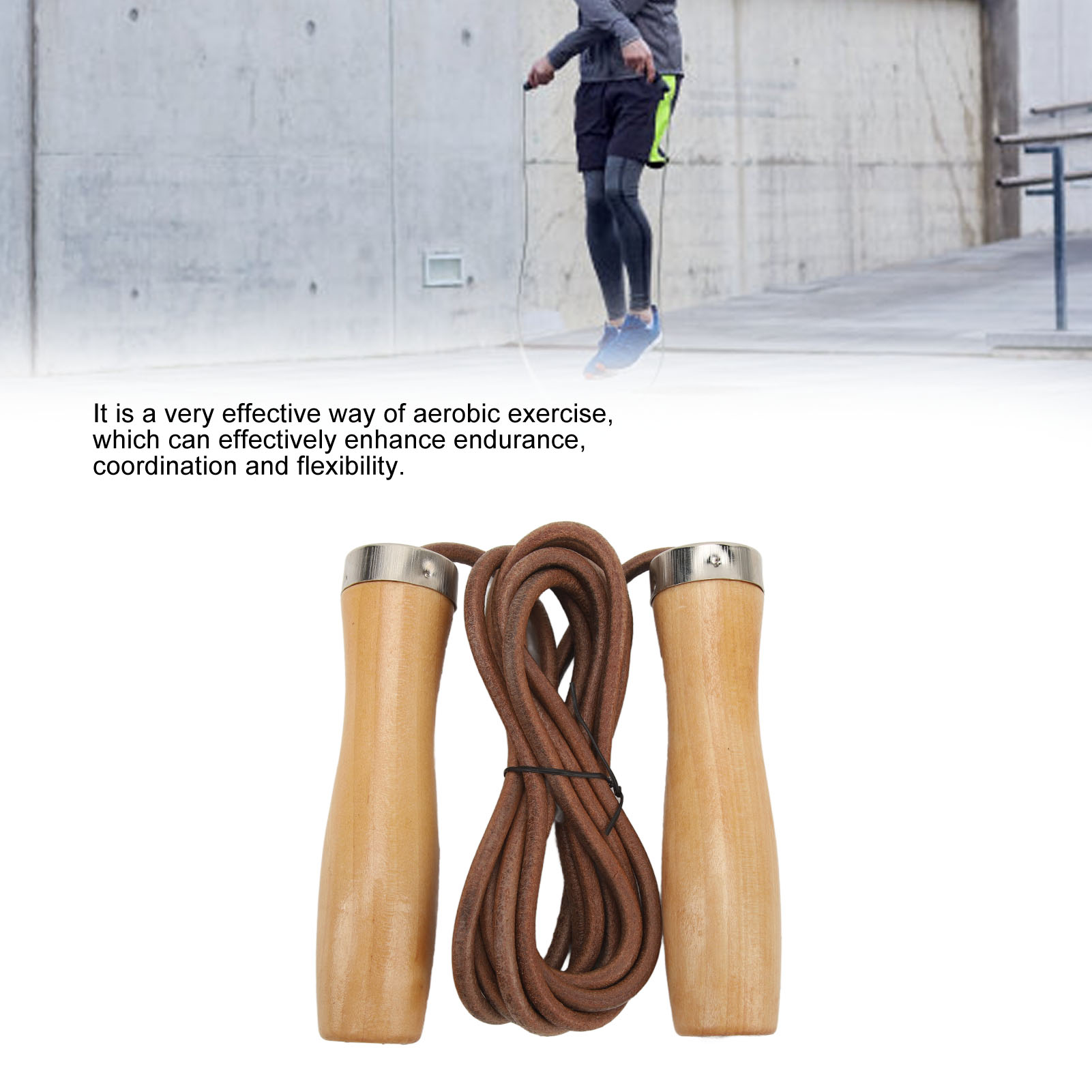 Jump Rope Cowhide Wooden Handle Portable Highly Effective Skipping Rope For Fitness Exercise