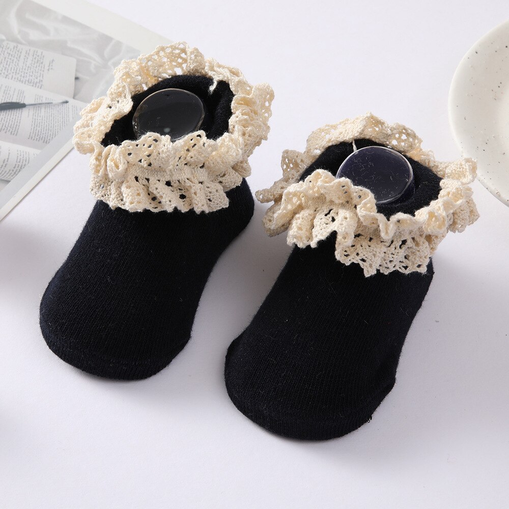 Snoep Kleur Kinderen Sokken Met Kant Meisjes Sokjes Zachte Baby Peuters Sokken Baby Kids Prinses Sok Voor Pasgeboren: Black