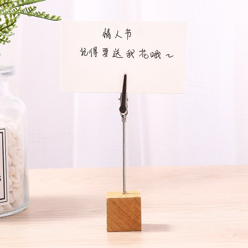 1pc coloré en bois Cube mémo pince métal Photo porte-carte bureau Photo pinces support Message porte-carte bureau décor organisateur: Wood color