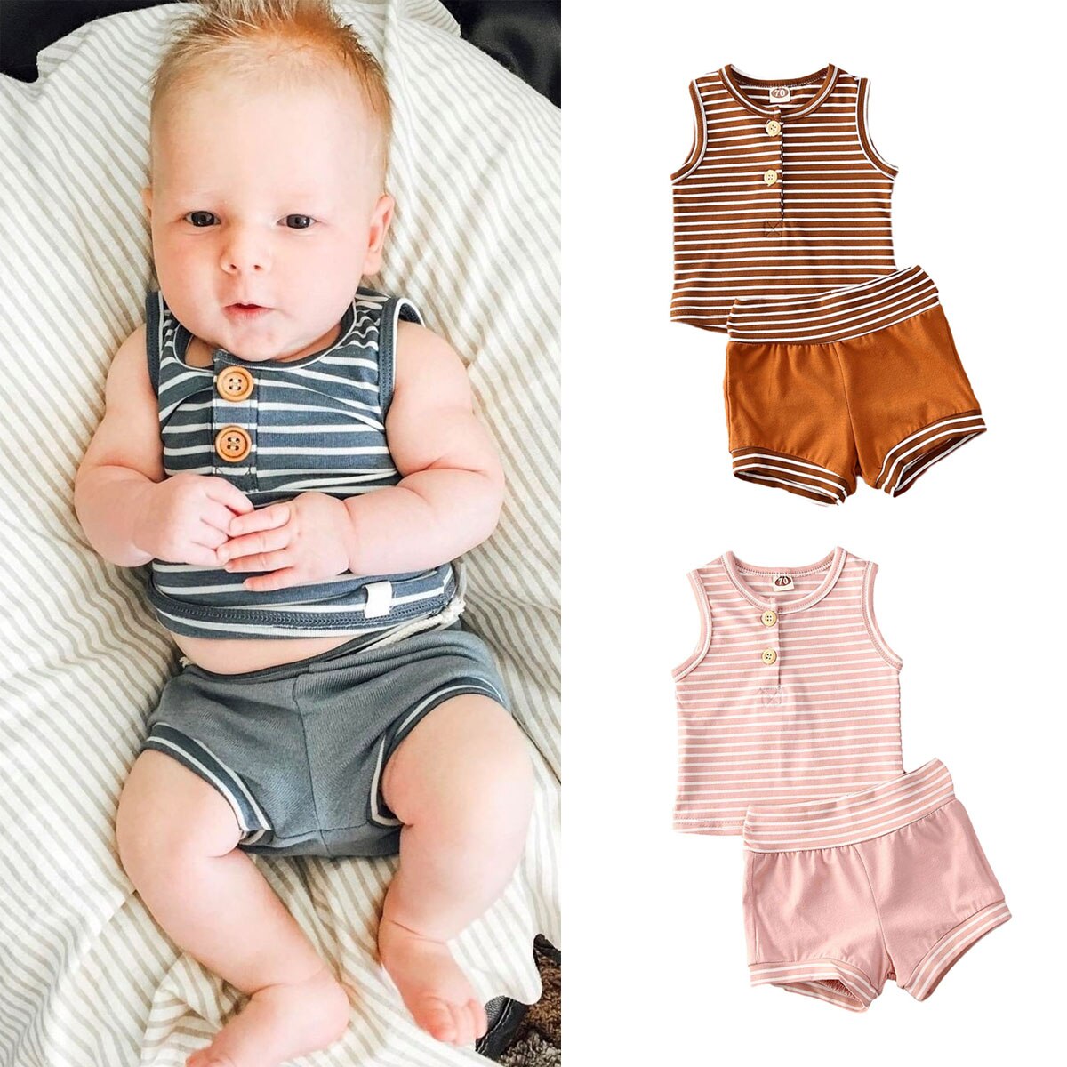 Zomer baby meisjes jongens gestreepte kleding mouwloos vest top + shorts 2 stuks casual baby outfit kleding sets