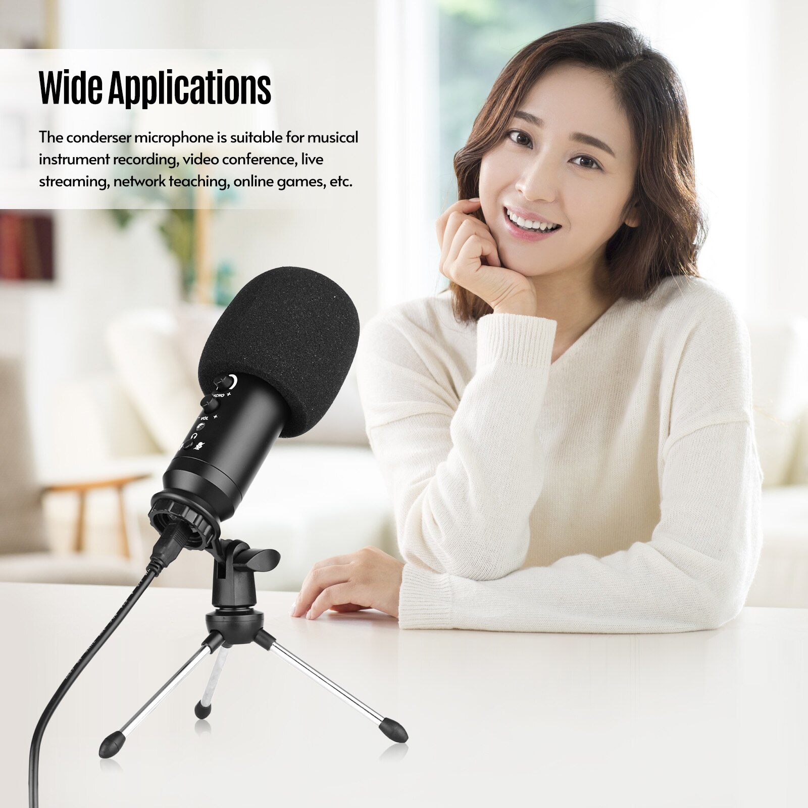 ammoon USB Condenser Microphone Computer Mic Kit with Mini Desktop Metal Tripod Stand Windscreen USB Cable for Music Recording