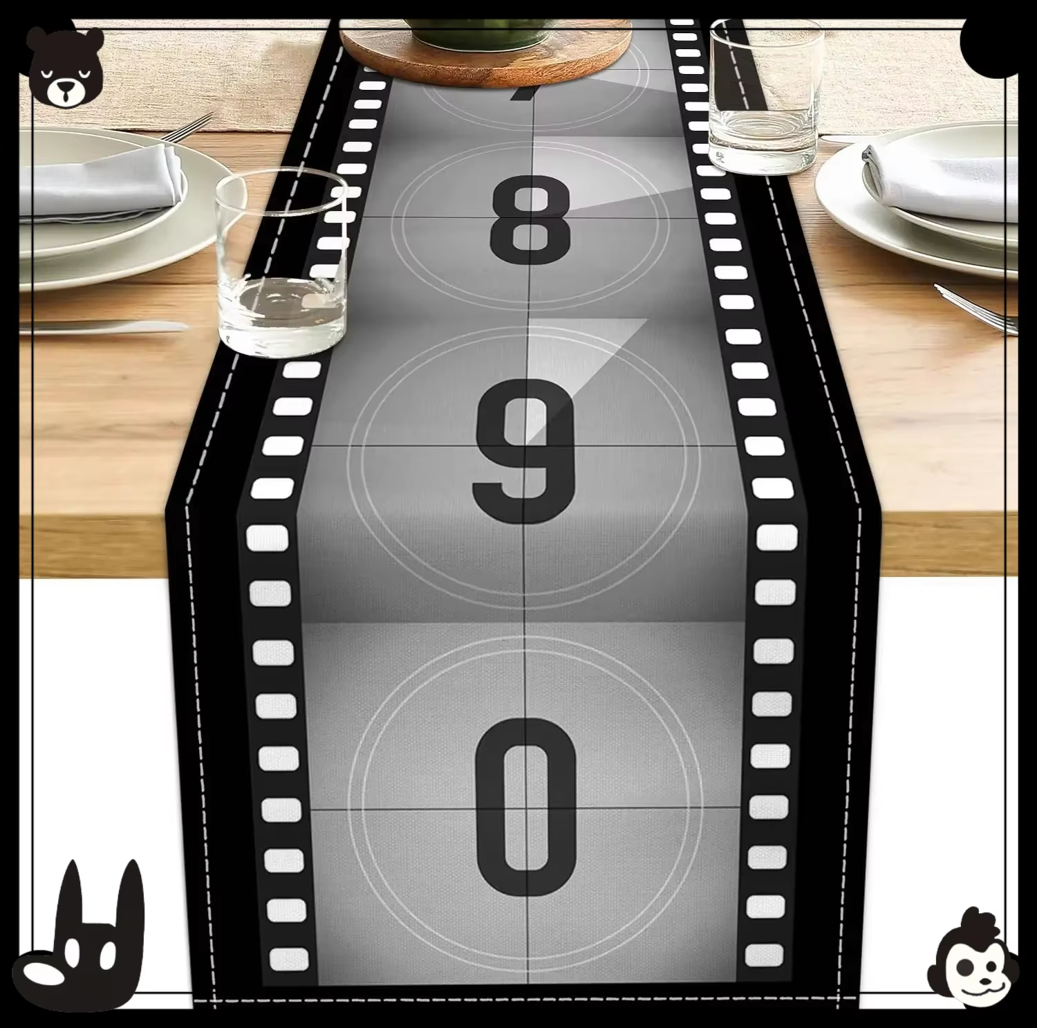 Filmthema tafelloper countdown, zwart wit linnen voor keukenfestival en feestsetting