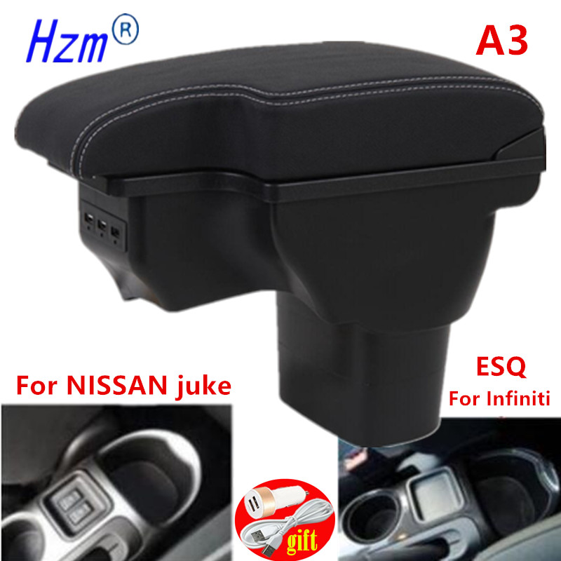 Koolstofvezel Voor Nissan Juke Armsteun Doos Voor Infiniti Esq Auto Armsteun Accessoires Interieur Opbergdoos Onderdelen usb Led: A3 Black leather