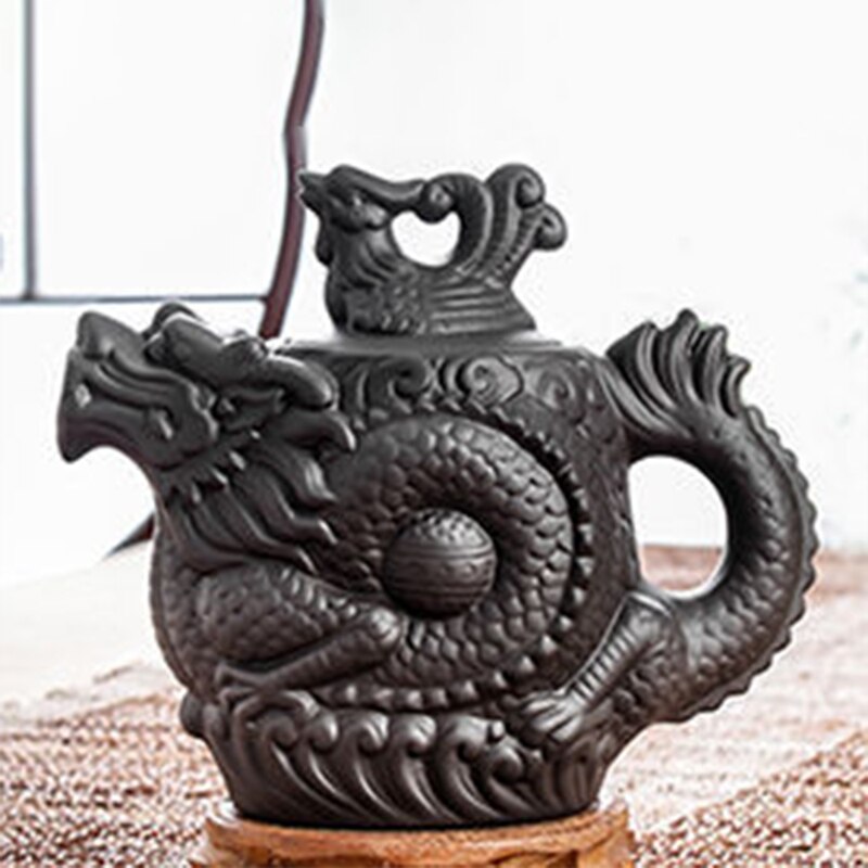 Théière dragon et phénix théière grande capacité service à thé en argile violette bouilloire théière kung fu (noir)
