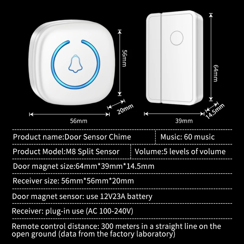 CACAZI Door Sensor Chime for Door Opens Outdoor Split Sensor Doorbell Adjustable 60 Ringtones LED Indicators Entry Alert Chime