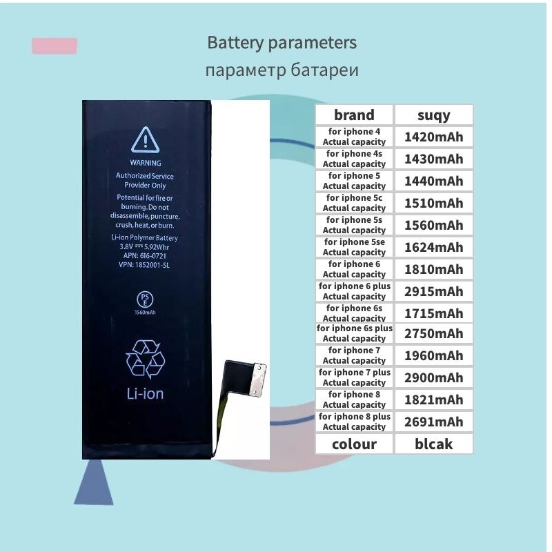 Suqy para Iphone 4/4s/5/5s/5c/se/6/6 Plus/6s/6s Plus/más de 7/7/8/8 Plus acumulador de batería para Apple IPhone 5s 0 baterías de ciclo