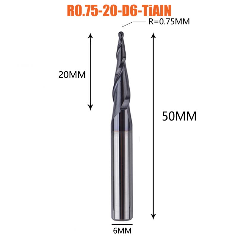1 Pcs Tungsten Vhm Gecoate Taper Ball Nose Cnc Frezen Frezen Voor Hout En Snijders Voor Metalen end Mill: R0.75-20-D6