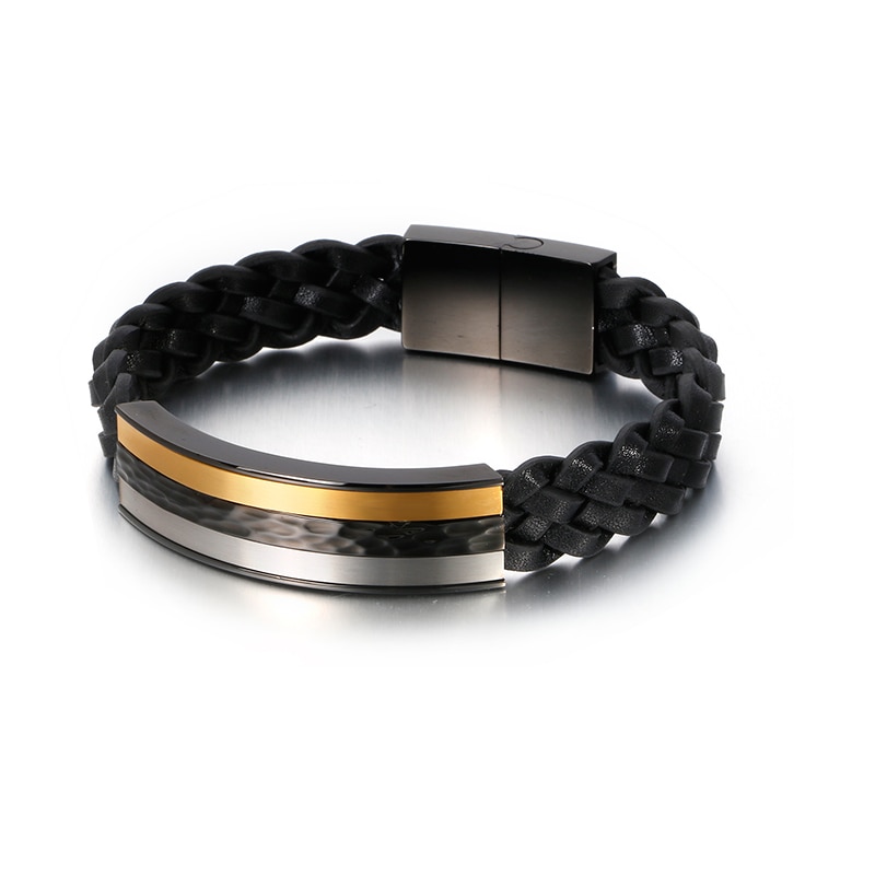 Men's Leather Bracelet - Gold & Silver Tone Stainless Steel Band - Punk Street Style Geometric Jewelry