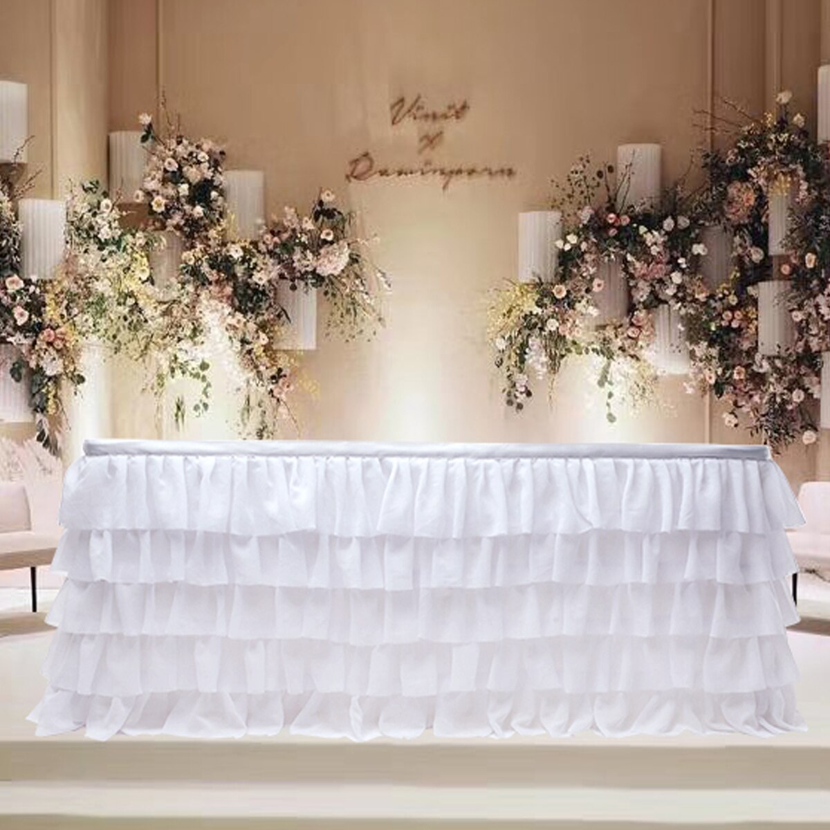 Bryllupsfest fødselsdag hvid tyl flæset bordskørt dekoration til rektangel rundt bord 5- lag 185 x 77cm: Hvid