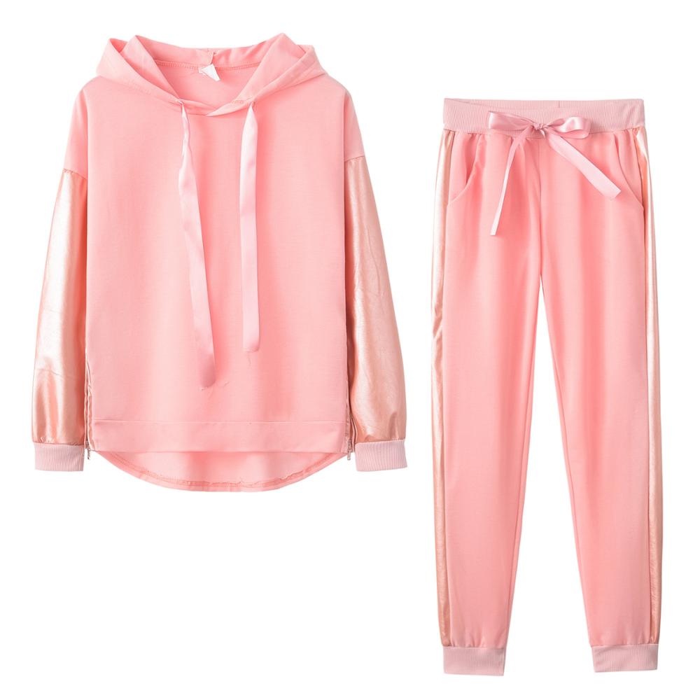 2Pcs/Set Women Sportswear Suit Casual Trousers Solid Color Hooded Sweatshirt And Pant Tracksuit Sport Suit Pullover Sweatshirt