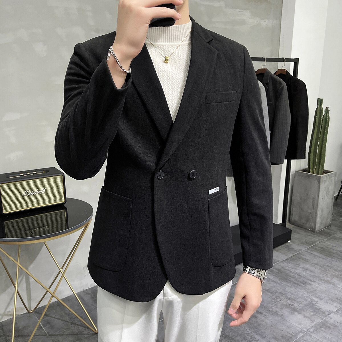 Chaqueta a rayas de doble botonadura para hombre, Blazer grueso de estilo británico, de corte entallado ropa sencilla, traje informal, abrigos de negocios, S-3XL Formal