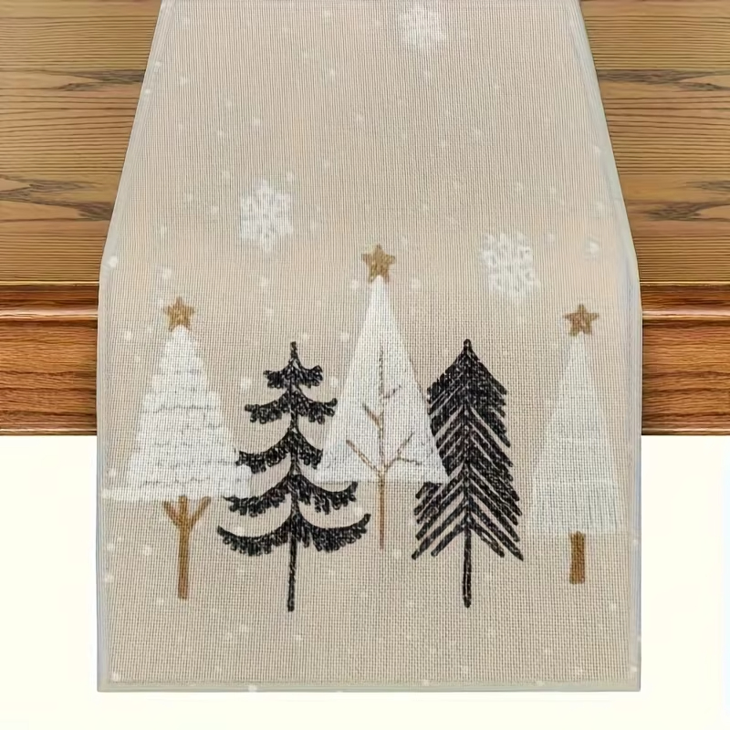 Kersttafelloper in beige en bruin winterlandschap versierd met biezen sneeuwvlokken en sterren Kersttafeldecoratie: 30*180 cm
