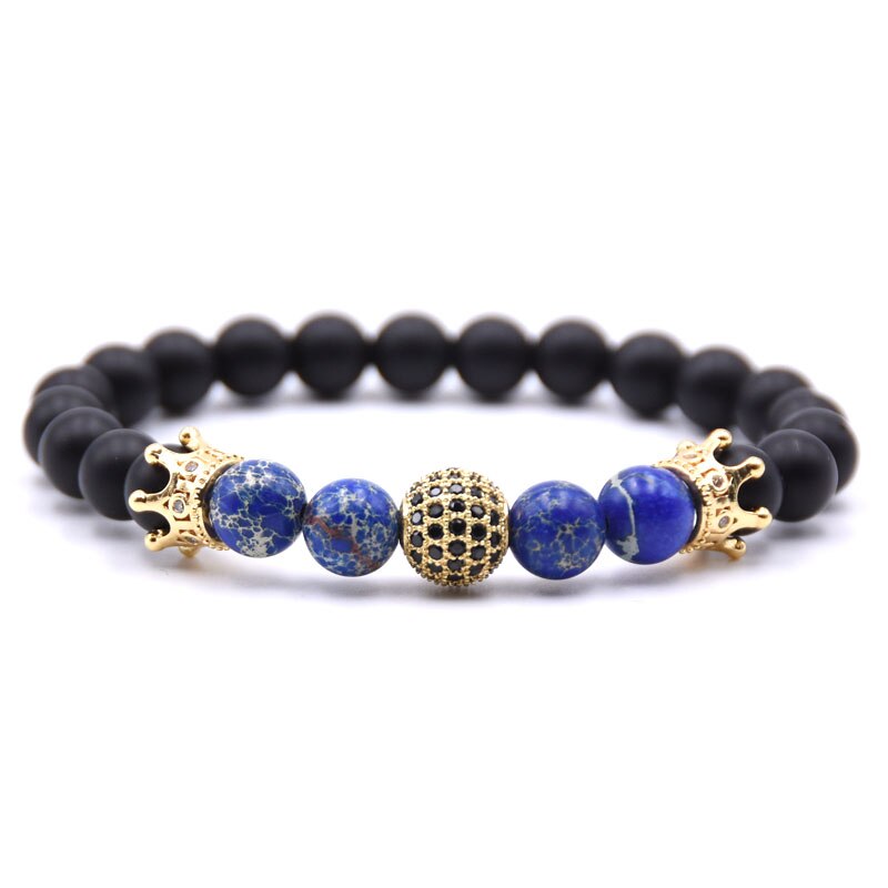 Golden Cz Bal & Crown Mannen Armbanden 8Mm Black Lucky Stone Kralen Armband Voor Vrouwen Mannen: 8