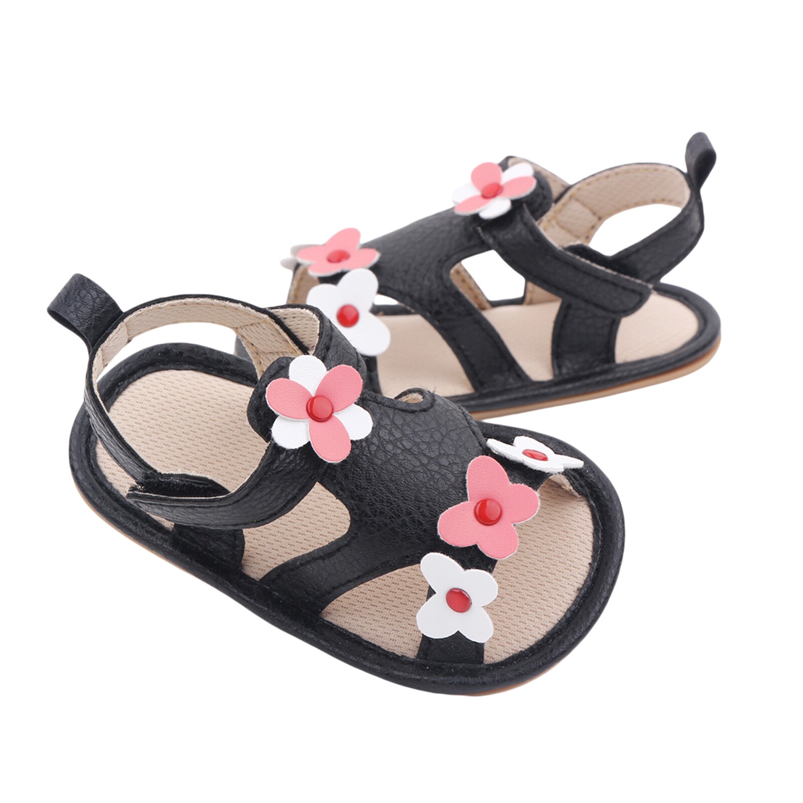 Baby Anti-Slip Platte Schoenen, Bloem Patroon Zachte Zool Sandalen Voor Baby Meisjes, wit/Zwart/Roze