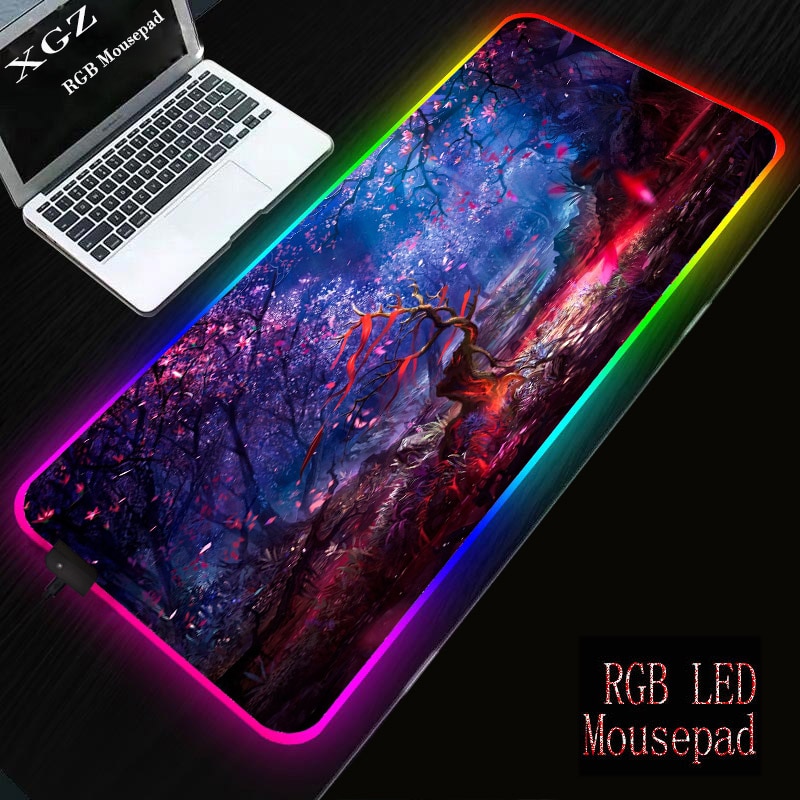 XGZ RGB Large Gaming Mousepad Beautiful Scenery Anti-slip Natural Rubber Mause Mat with Lock Edge Computer Keyboard Desk LED Pad