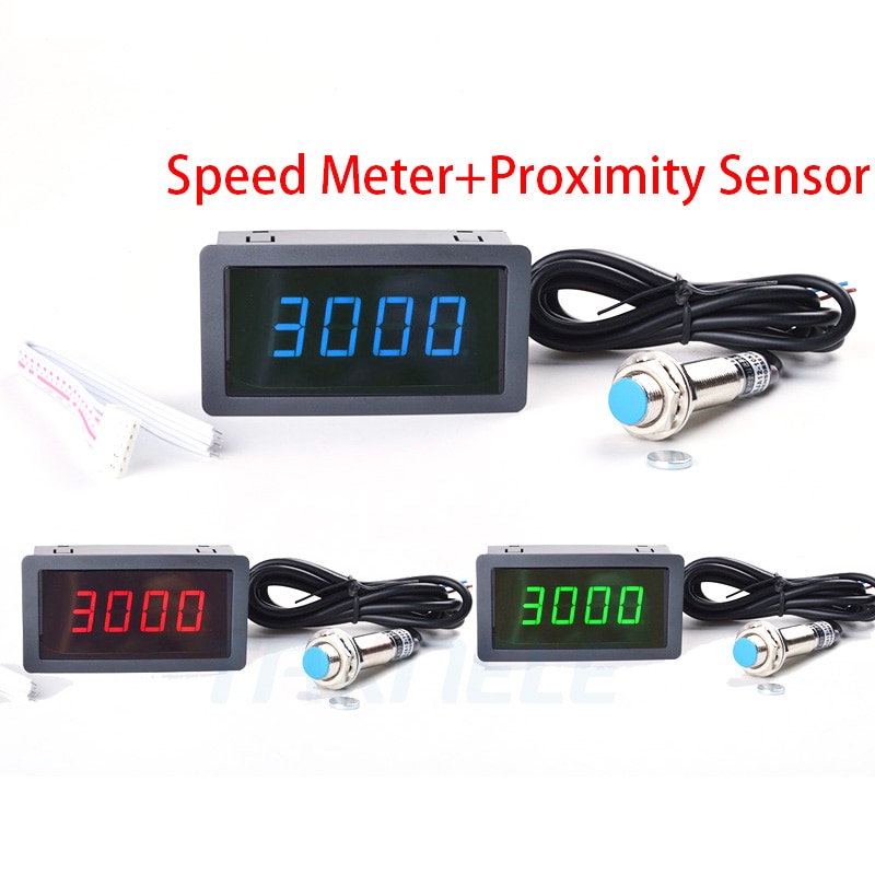 4 Digital LED Red Blue Green Tachometer Gauge RPM Speed Meter+Hall Proximity Switch Sensor NPN 12V Speed Meter Counter