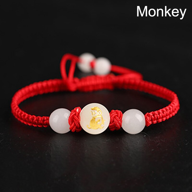 Chinese Stijl 12 Dierenriem Dieren Armband Unisex Handgemaakte Gevlochten Rode Draad Lucky Lichtgevende Steen Verstelbare Armband Paar: Monkey