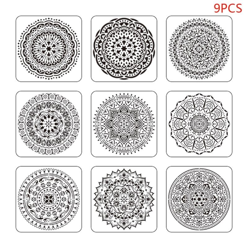 9pcs/set Mandala Stencil Drawing Template for Tile Floor Painting Board Album