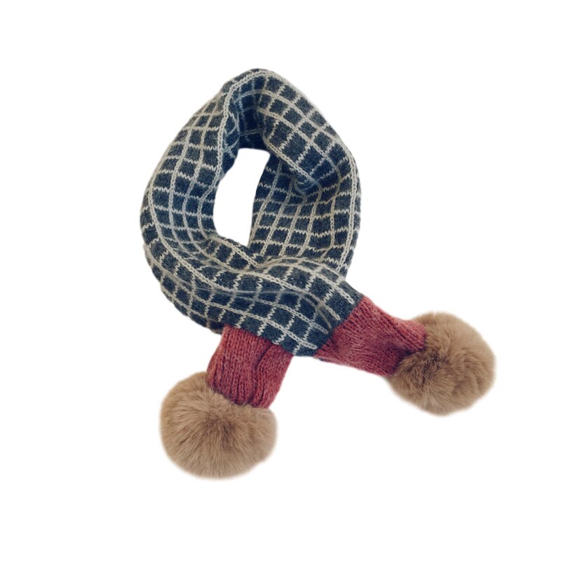 Écharpe tricotée à pompon en fausse fourrure pour enfants, écharpe d&#39;hiver à carreaux pour garçons et filles, cache-cou, accessoires pour bébés: K