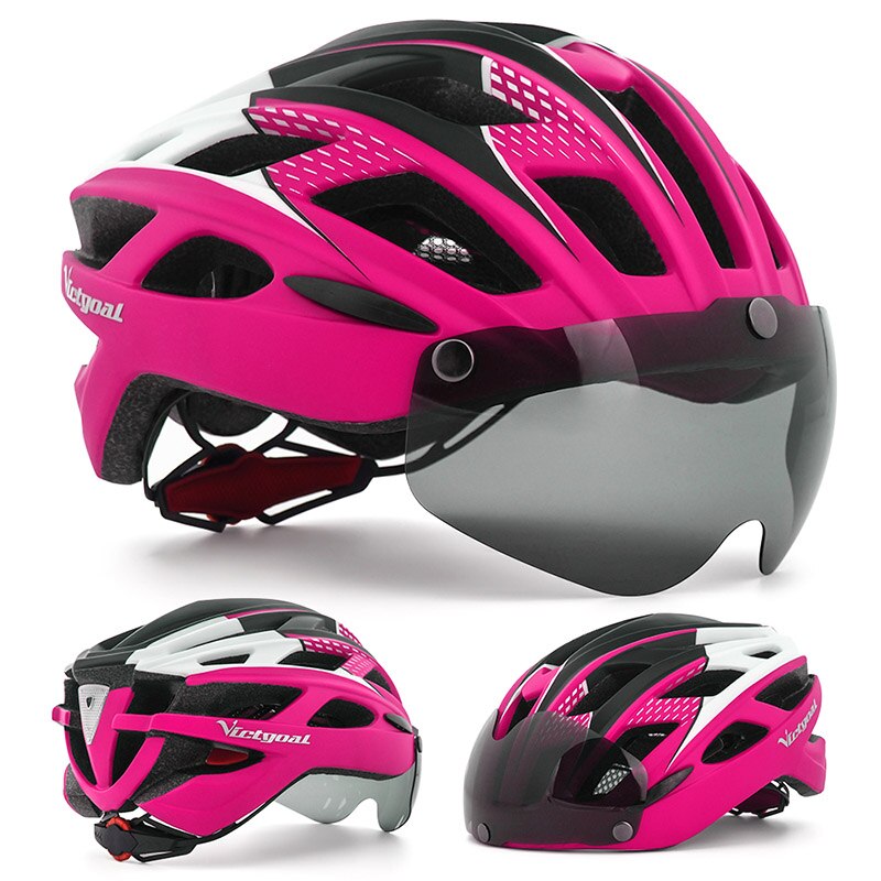 Victgoal adultos capacete da bicicleta capacete com destacável magnético óculos de proteção &amp; segurança led luz traseira ciclismo capacetes das mulheres dos homens: Rosy Helmet