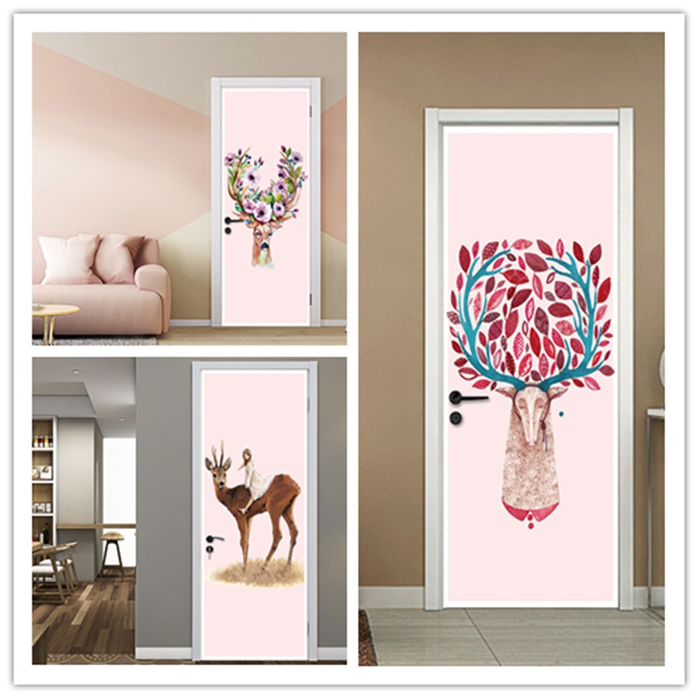 Mooie Geschilderd Elanden Europese Stijl Deur Sticker 3D PVC Behang DIY Waterdichte Muurschildering Sticker Voor Woonkamer Slaapkamer Home Decor