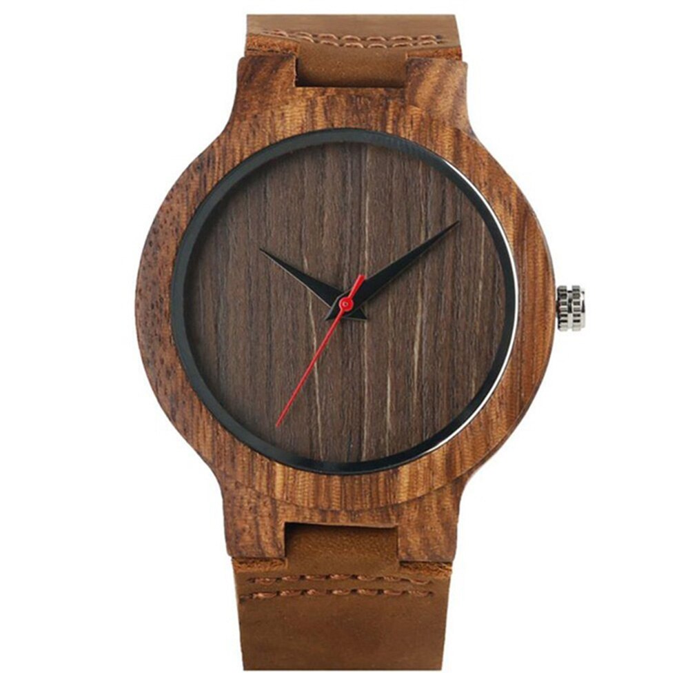 Unisex houten ronde wijzerplaat, kunstleren band, geen nummer, analoog quartz polshorloge, quartz horloges in hout, klok, paarhorloge: Koffie