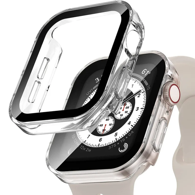 Glas + wasserdichtes Gehäbenutzen für Apfel Uhr 7, 8, 9, 45 mm, 41 mm, Displayschutzfolie, harter PC-Stoßfänger für iWatch Serie 6, 5, 4 SE 40 mm, 44 mm Abdeckung: weiß / 7 Zoll & Oben