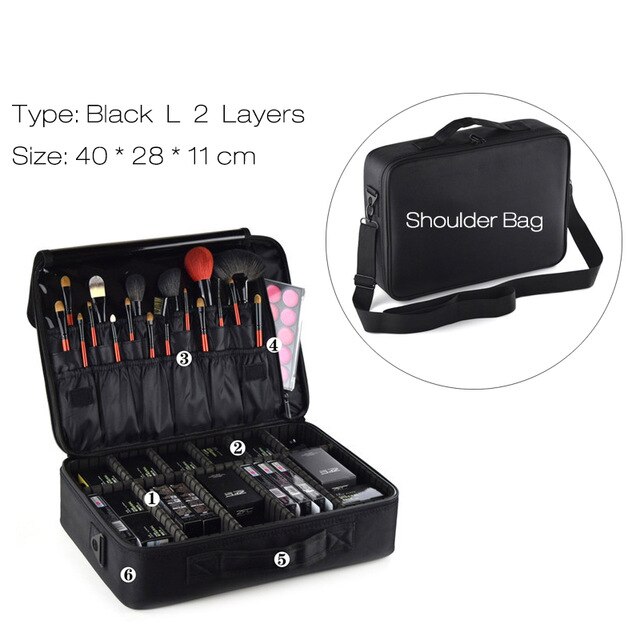 Frauen Kosmetik Tasche Reise Make-Up Organizer Professionelle Machen Up Box Kosmetik Tasche Taschen Schönheit Fall Für Make-Up Künstler: Black L 2 Layers