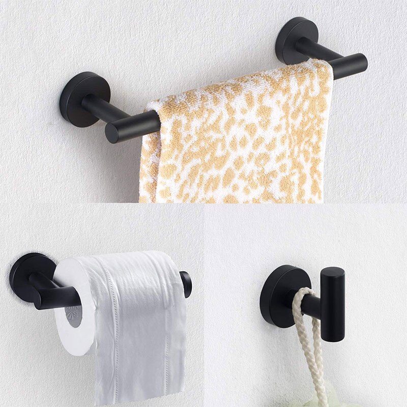 Dookole 3 dele badeværelse hardware sæt, mat sort 304 håndklædeholder i rustfrit stål toiletpapir holder morgenkåbe håndklæde krog
