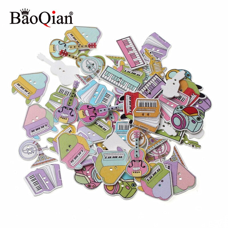 50 stuks gemengde muziekinstrumenten, houten knopen voor knutselen, scrapbooking accessoires, decoratieve houten knopen voor handwerk