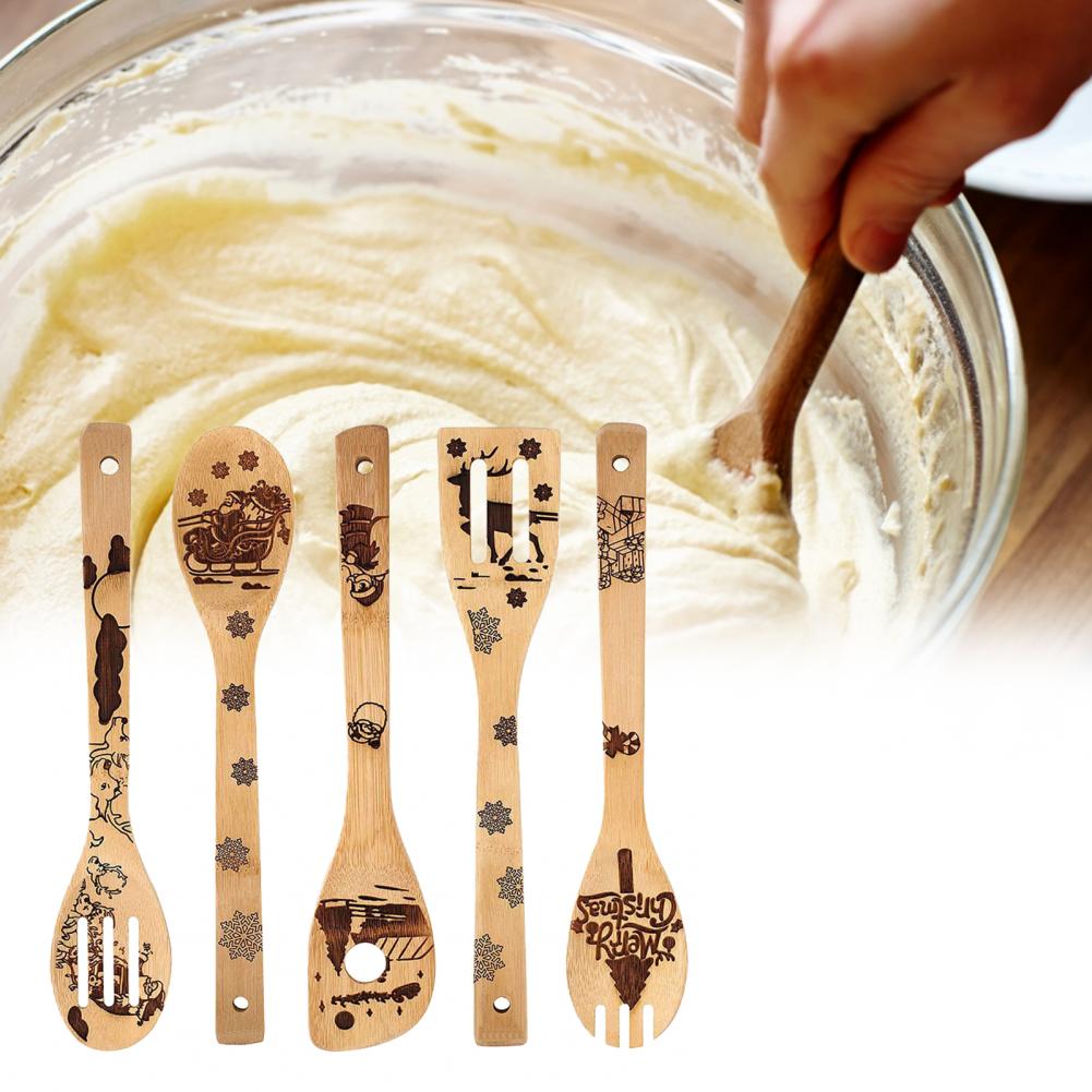 Juego de pala antiadherente de bambú para cocina, cuchara gruesa resistente al calor, 5 piezas