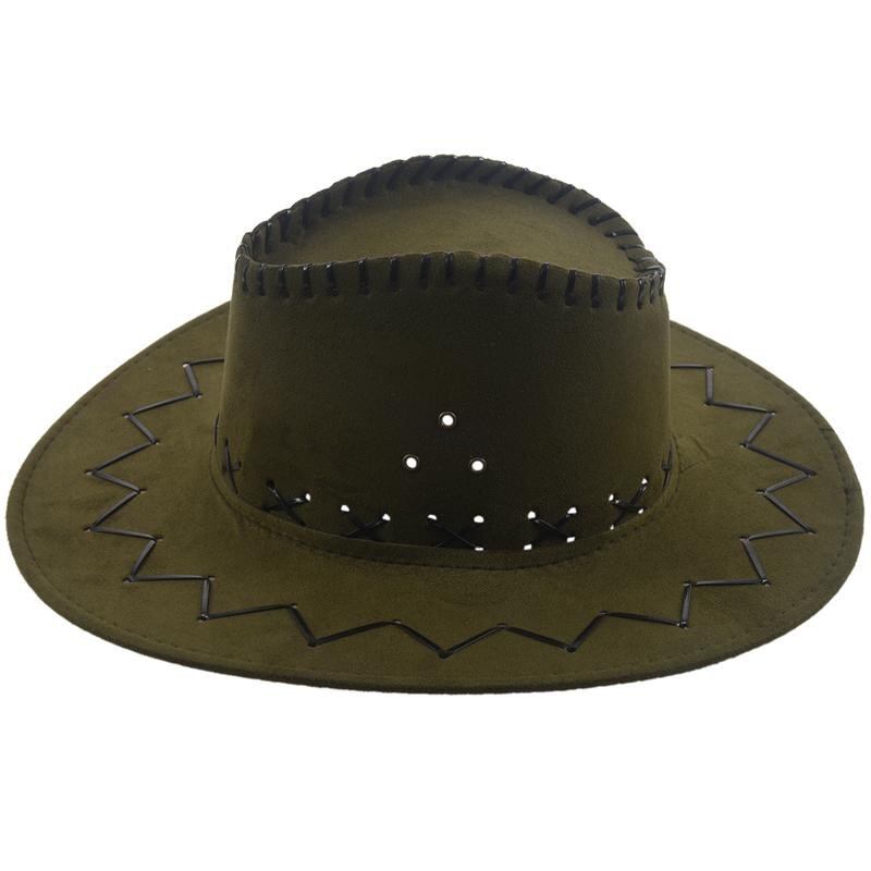 Adjustable Chin Strap Faux Leather Cowboy Hat Army Green for Man