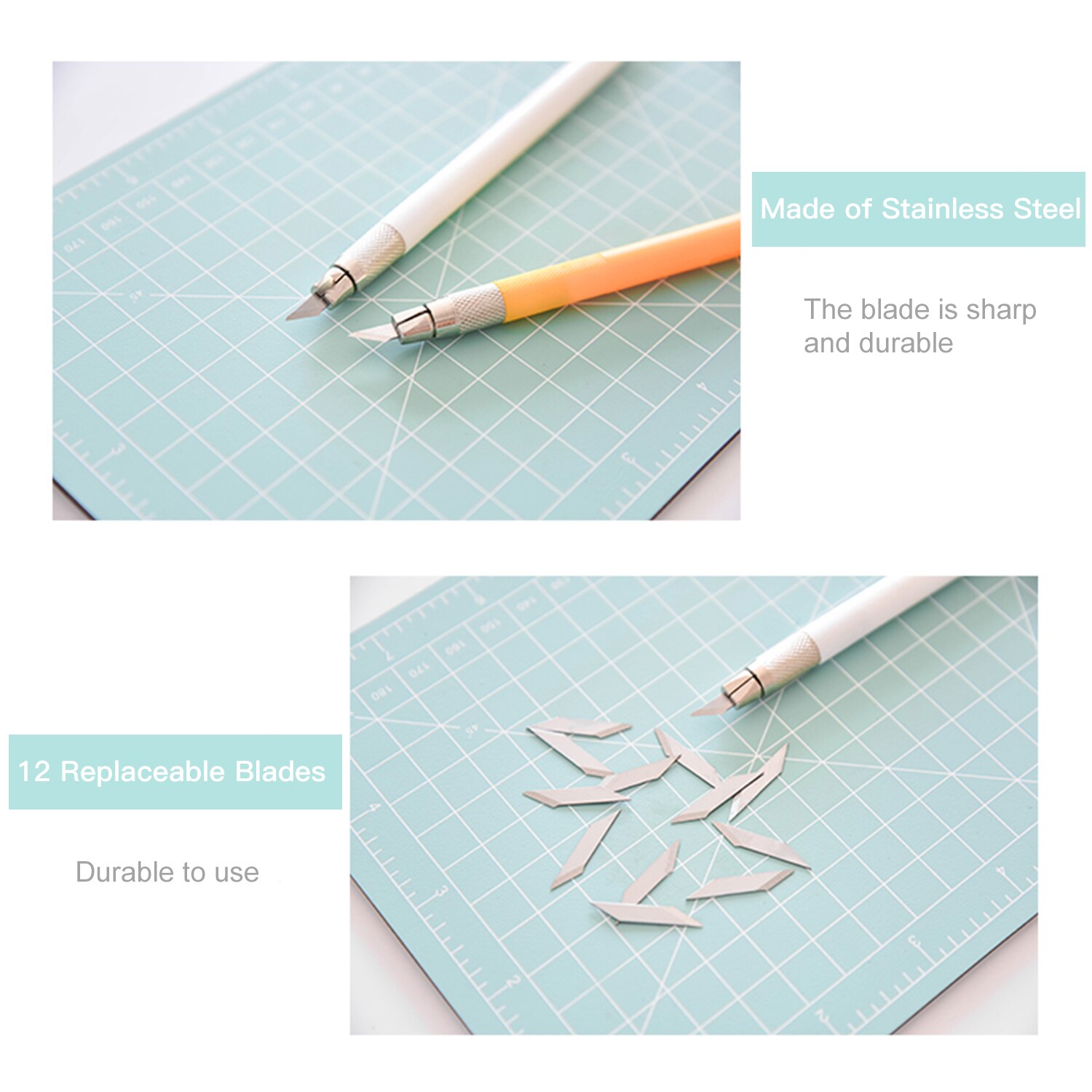 Juego de tapete de corte A5, placa de corte autocurativa artesanal, placa de grabado con regla de corte, 12 cuchillas de repuesto para manualidades DIY