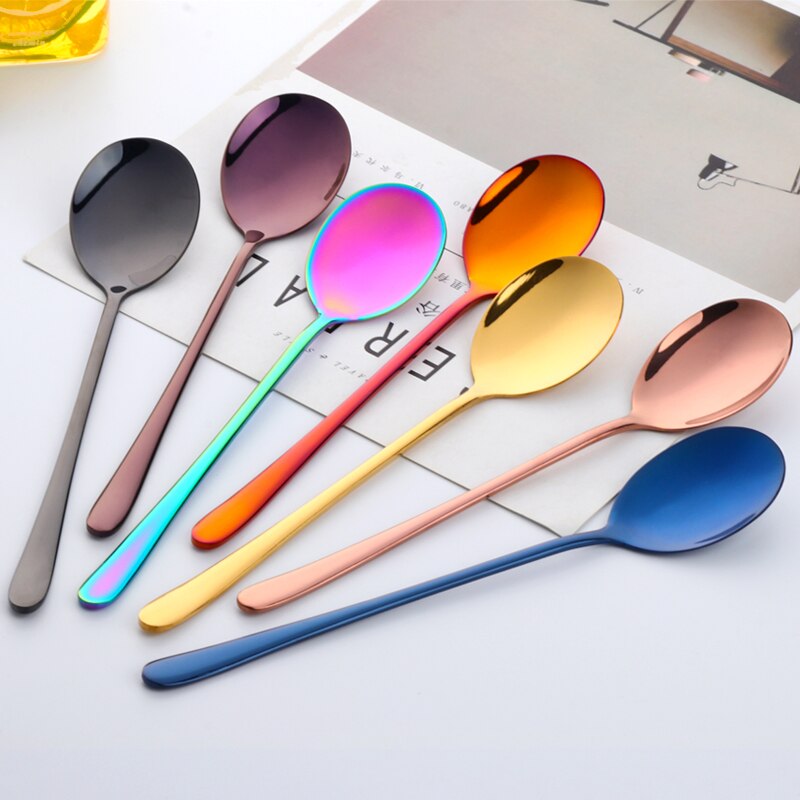 2PCS Rose Gold Colorful Coffee Spoon Stainless Steel Long Handle 8 Color Korean Mixing Spoons Set Dessert Long Ice Kitchen Scoop