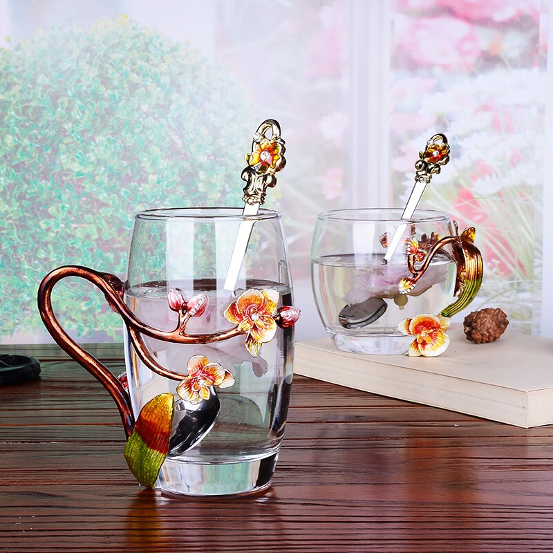 Peach Blossom and Rhinestones Decorated Enamel Coffee Cup Mug Flower Tea Glass Milk Cups Alloy Handgrip Cups and Mugs