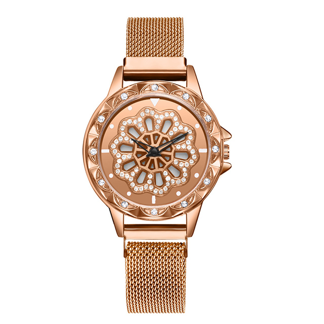 Kvinder armbåndsure kvinders roterende magnetiske heldige damer krystal kvarts armbåndsure reloj femenino: Rose