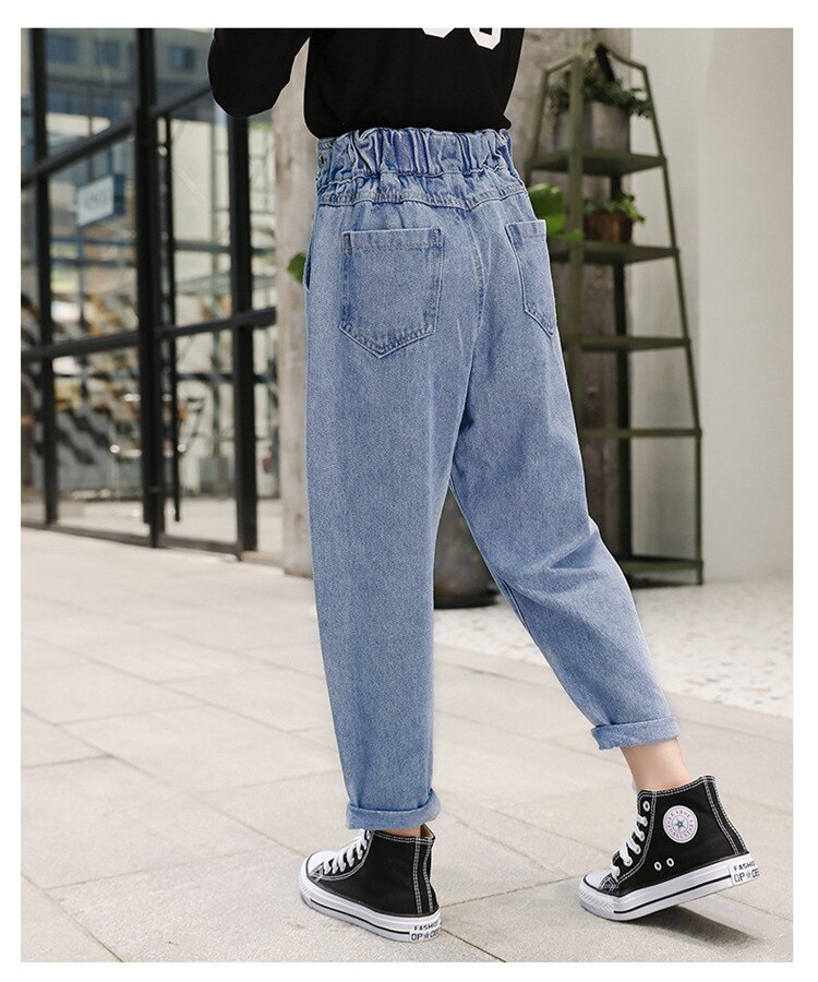 Barn flicka hög midja nit jeans 10 to 12 år raka lösa byxor vår höst tonåring tjejer outfit
