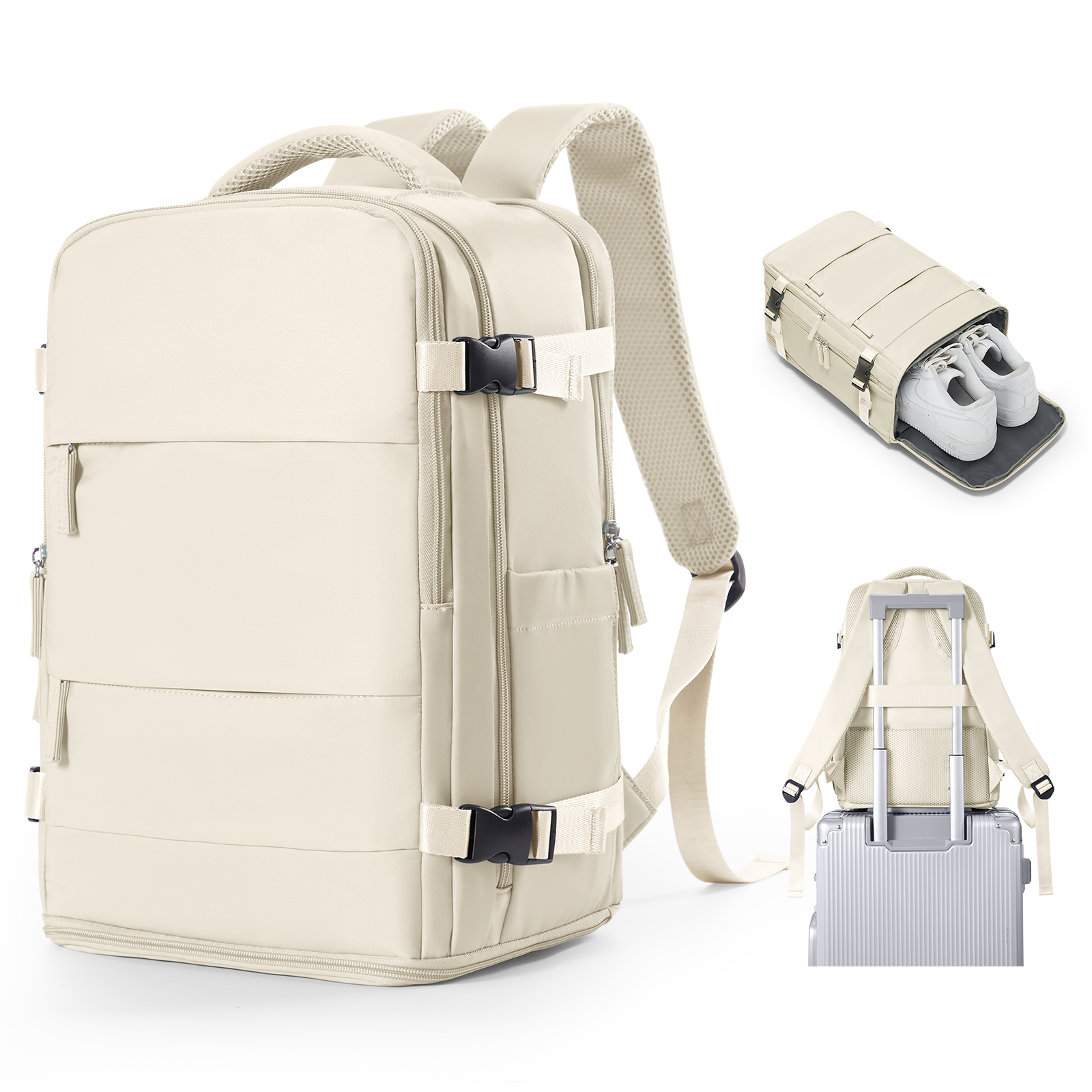 Reisrugzak voor dames heren, handbagage 40x20x25 voor Ryanair Cabin reistas College boekentas Waterdichte laptoptas voor werk: Ivoor