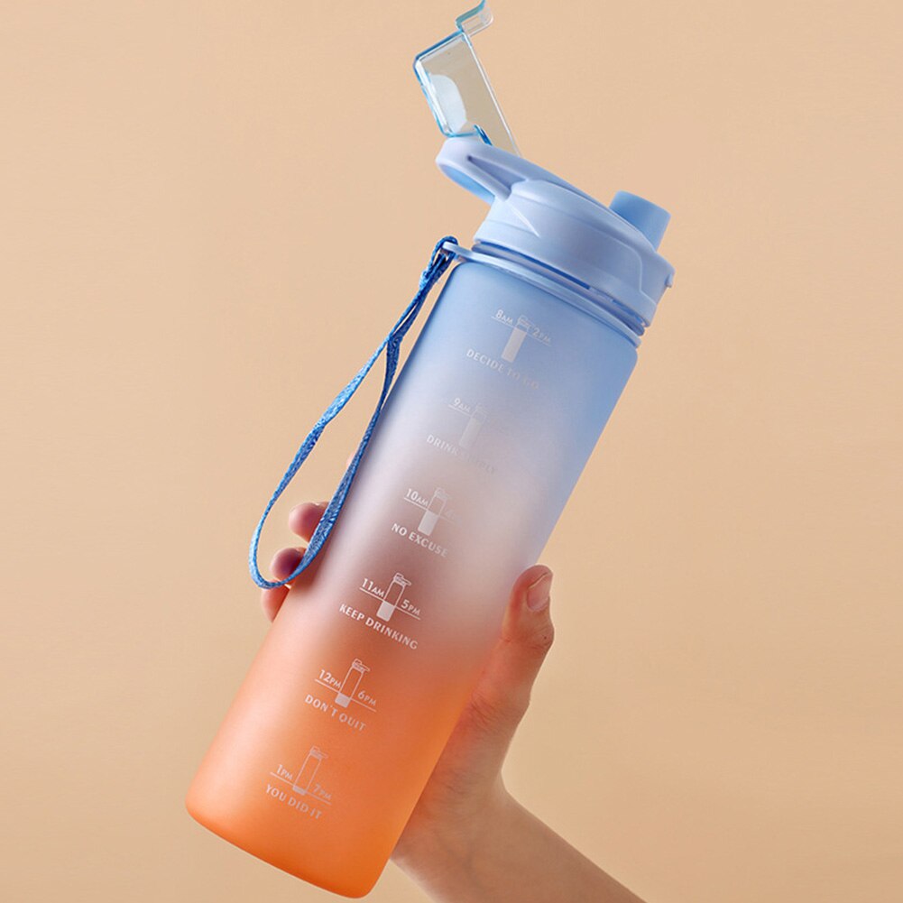 1L Large Capacity Water Bottle Straw Cup High Temperature Plastic Water Cup Time Scale Frosted Outdoor Sports Student Couple Cup