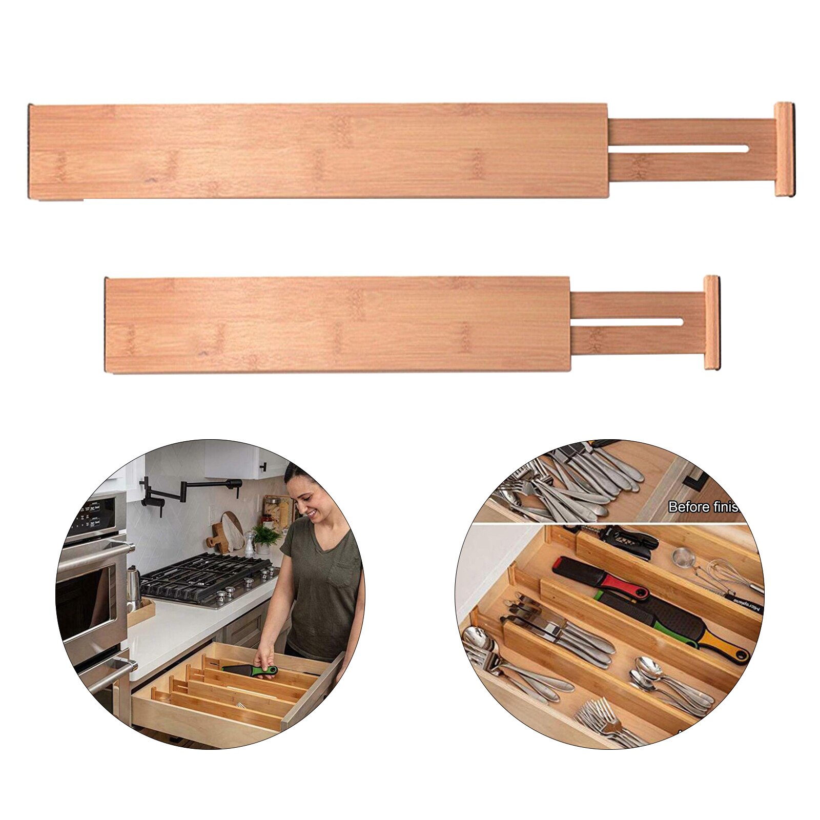 Expandable Bamboo Drawer Dividers Spring Loaded Wood Organizing Kitchen
