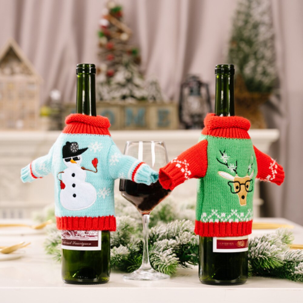 Kerst Gebreide Kleding Wijn Set Champagne Fles Cover Bag Wijnfles Tas Tafel Decoratie Kerst Decor