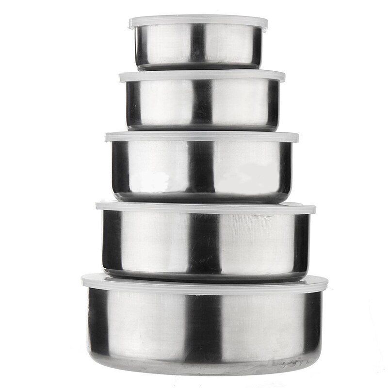 5 Stks/set Roestvrij Staal Mengen Scherper Voedsel Container Bowls Zilveren Kleur 5 Kommen Met 5 Deksels Keuken Pot Servies gereedschap