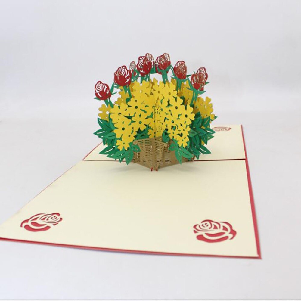 Rose Korb 3D Pop hoch Karte Postkarte Mit Umschlag Aufkleber Hochzeit Einladung Grußkarten Jahrestag Karten Wenskaart